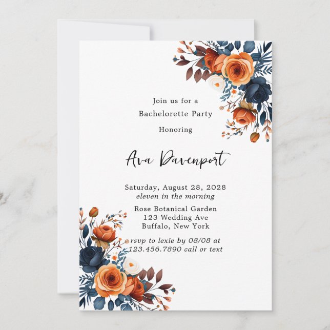 Navy Blue and Orange Peony Bachelorette Party Invitation (Front)