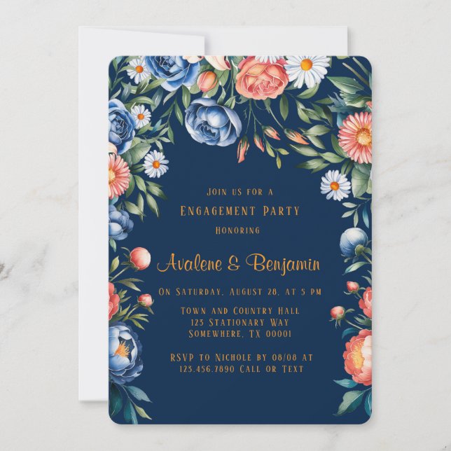 Navy Blue and Orange Peony Engagement Party Invitation (Front)