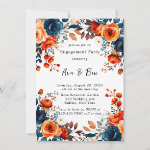 Navy Blue and Orange Peony Engagement Party Invitation
