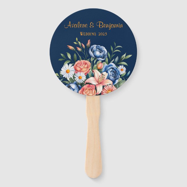 Navy Blue and Orange Peony Flower Wedding Hand Fan (Front)