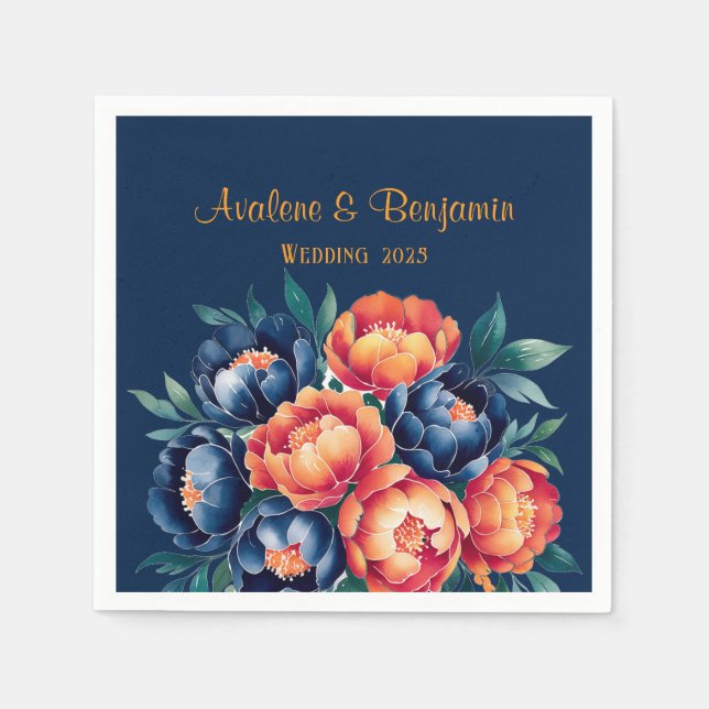Navy Blue and Orange Peony Flower Wedding Napkin (Front)