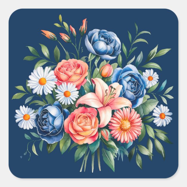 Navy Blue and Orange Peony Flower Wedding Square Sticker (Front)