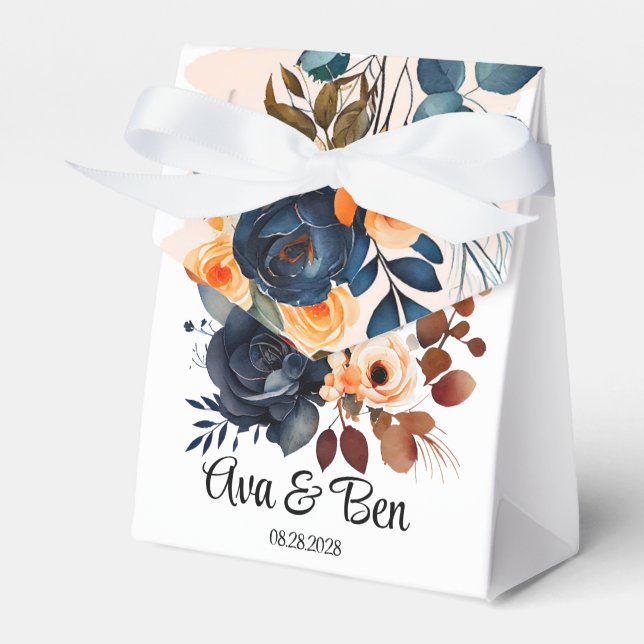 Navy Blue and Orange Peony Wedding Favor Box (Front Side)