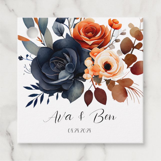 Navy Blue and Orange Peony Wedding Favour Tags (Front)