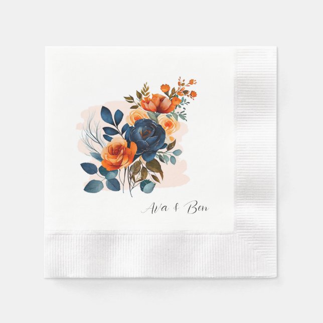 Navy Blue and Orange Peony Wedding Napkin (Front)