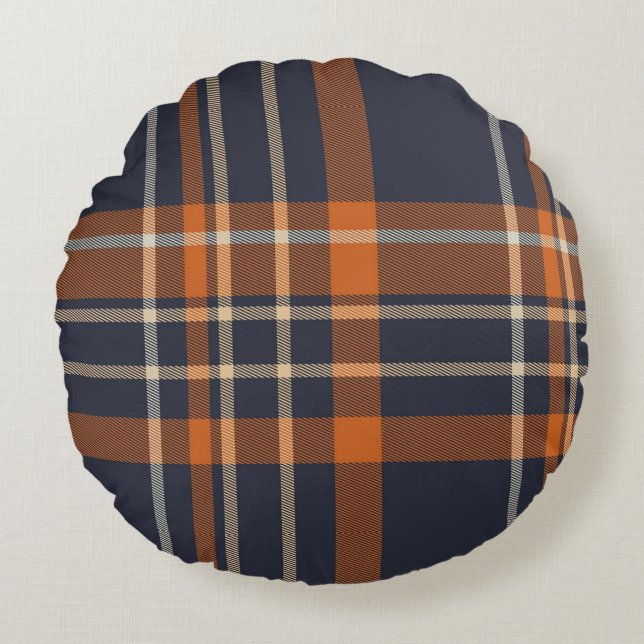 Navy Blue and Orange Plaid Round Pillow (Front)