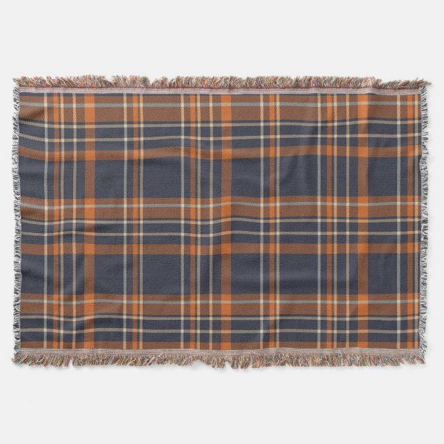 Navy Blue and Orange Plaid Throw Blanket (Front)