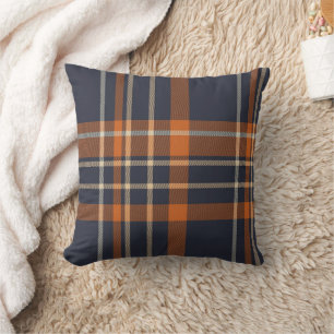 Navy Blue and Orange Plaid Throw Pillow