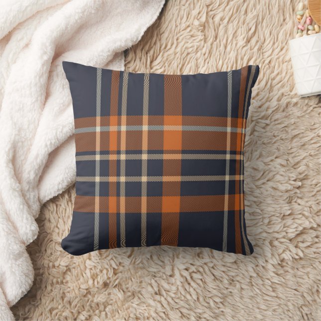 Navy Blue and Orange Plaid Throw Pillow (Blanket)