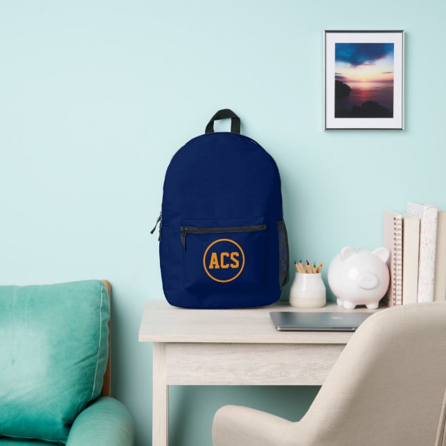 Navy Blue and Orange School Colours and Letters Printed Backpack (Insitu)