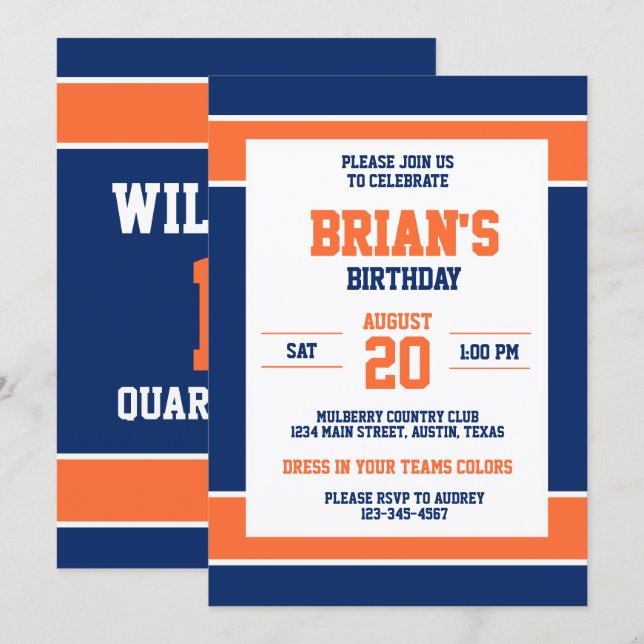 Navy Blue and Orange Sport Player Invitation (Front/Back)