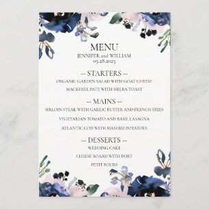 Navy Blue and Pale Pink Elegant Floral Wedding Menu