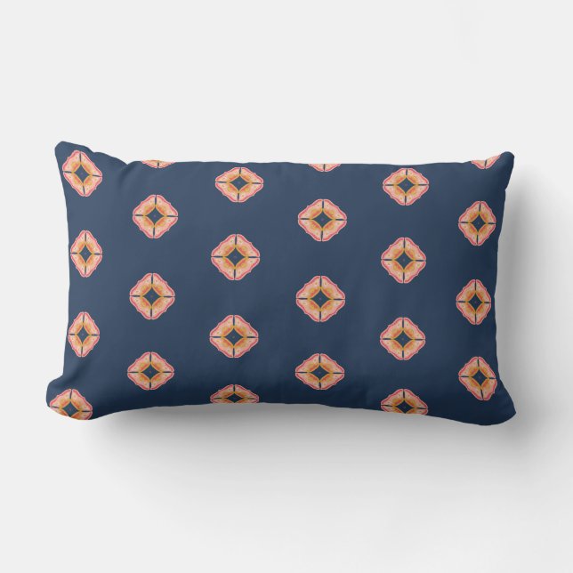 Navy Blue and Peach Boho Diamond Pattern Lumbar Pillow (Front)