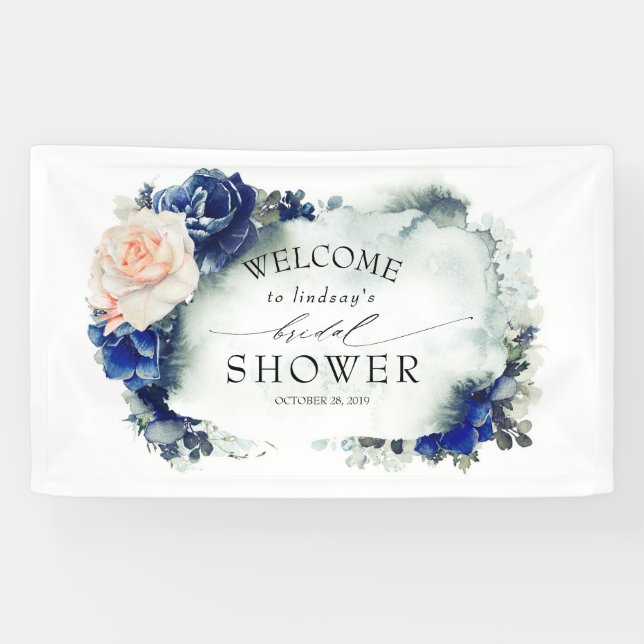 Navy Blue and Peach Floral Bridal Shower Banner (Horizontal)