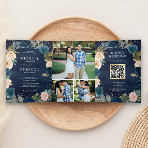 Navy Blue and Peach Floral Photo QR Code Wedding Tri-Fold Invitation