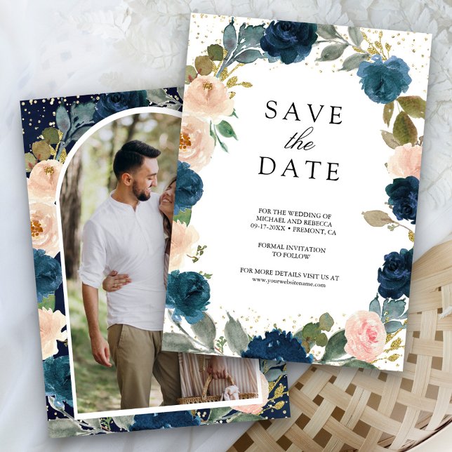 Navy Blue and Peach Floral Photo Wedding Save The Date (Creator Uploaded)