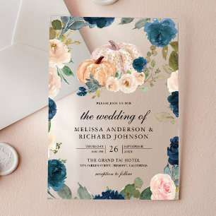 Navy Blue and Peach Floral Pumpkin Wedding Acrylic Invitations