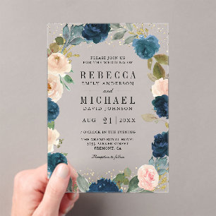 Navy Blue and Peach Floral Wedding Acrylic Invitations