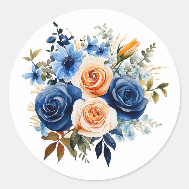 Navy Blue and Peach Painted Floral Wedding Classic Round Sticker (Front)