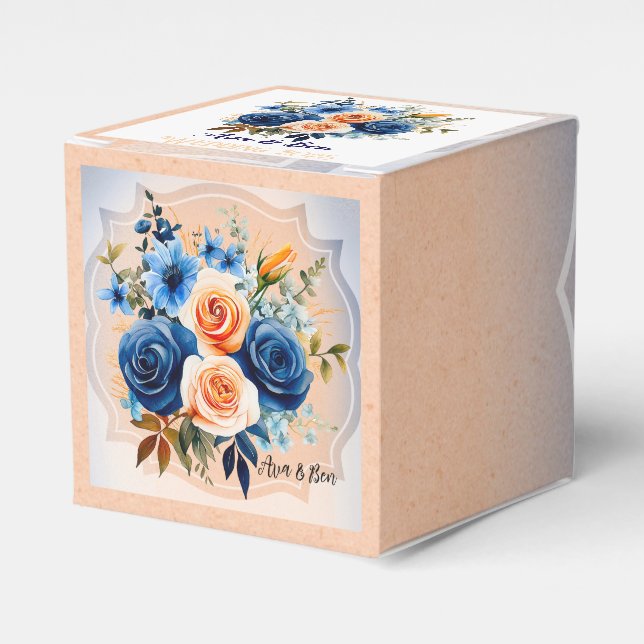 Navy Blue and Peach Painted Floral Wedding Favor Box (Front Side)