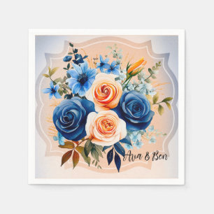 Navy Blue and Peach Painted Floral Wedding Napkin