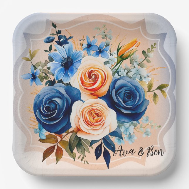 Navy Blue and Peach Painted Floral Wedding Paper Plate (Front)