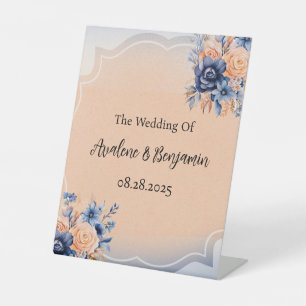 Navy Blue and Peach Painted Floral Wedding Pedestal Sign