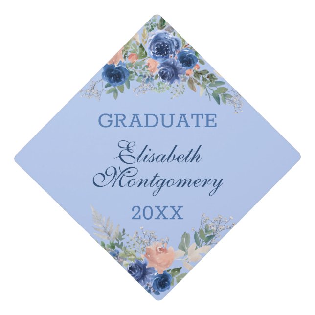 Navy Blue and Peach Roses and Botanicals Graduation Cap Topper (Front)