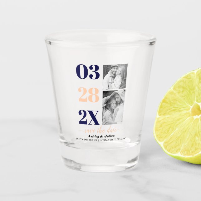 Navy blue and peach two photo Save the Date Shot Glass (Front)