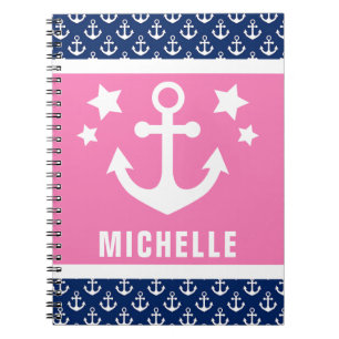 Navy Blue and Pink Anchors Nautical Pattern Notebook