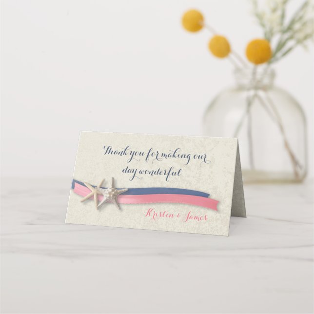 Navy Blue and Pink Beach Starfish and Ribbon Place Card (Front)