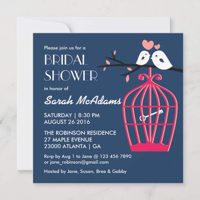 Navy Blue and Pink Bird cage Lovebirds Invitation (Front)