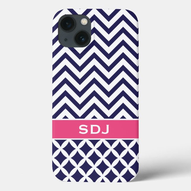 Navy Blue and Pink Chevron Custom Monogram Case-Mate iPhone Case (Back)