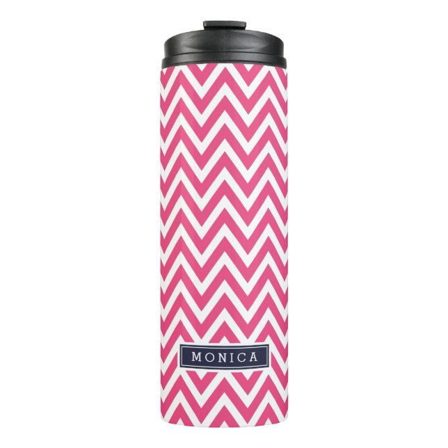 Navy Blue and Pink Chevron Monogram Thermal Tumbler (Front)