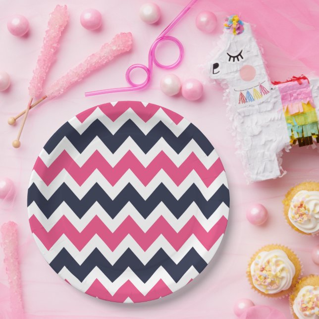 Navy Blue and Pink Chevron Paper Plate (Party)