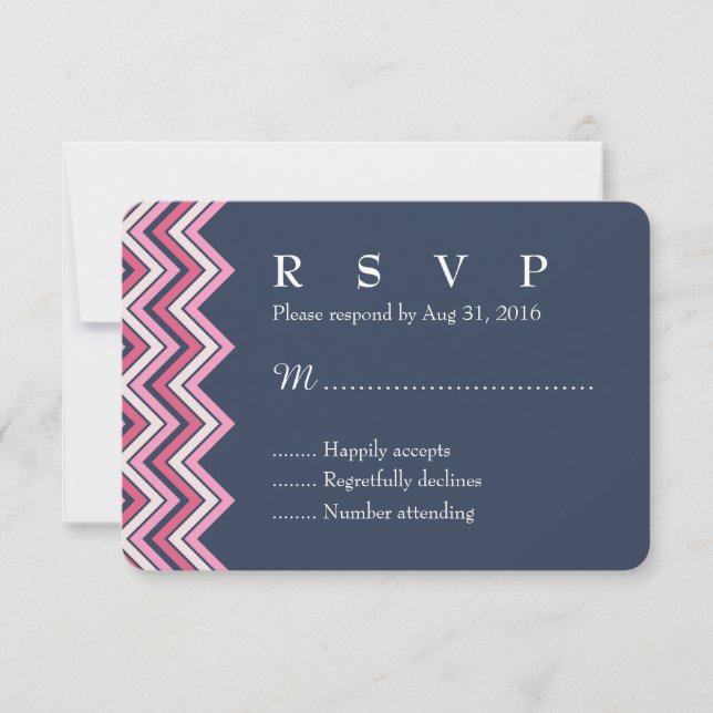 Navy Blue and Pink Chevron RSVP Card for Wedding (Front)