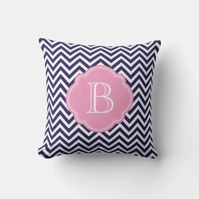 Navy Blue and Pink Chevron Stripes Custom Monogram Throw Pillow (Front)