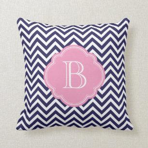 Navy Blue and Pink Chevron Stripes Custom Monogram Throw Pillow
