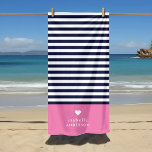 Navy Blue and Pink Chic Stripes Heart Monogram Beach Towel<br><div class="desc">Stylish custom beach towel in pink, navy blue and white colours. This design features a preppy classic navy and white striped pattern. Personalize it with your name monogram or other custom text with a cute heart symbol. Use the design tools to choose any background colours, edit the text fonts and...</div>