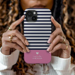 Navy Blue and Pink Chic Stripes Heart Monogram iPhone 15 Case<br><div class="desc">Stylish custom phone case in pink, navy blue and white colours. This design features a preppy classic navy and white striped pattern. Personalize it with your name monogram or other custom text with a cute heart symbol. Use the design tools to choose any background colours, edit the text fonts and...</div>