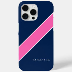 Navy Blue and Pink Diagonal Stripe Personalized iPhone 15 Pro Max Case