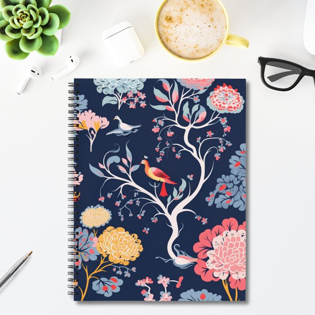 Navy Blue and Pink Floral Birds Pattern Notebook (Creator Uploaded)