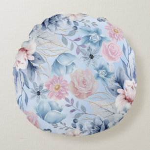 Navy Blue And Pink Floral Round Pillow