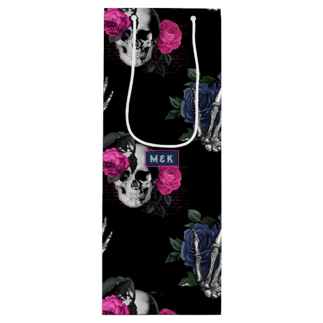Navy Blue and Pink Floral Skulls Gothic Wedding Wine Gift Bag (Front)