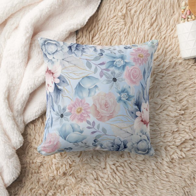 Navy Blue And Pink Floral Throw Pillow (Blanket)
