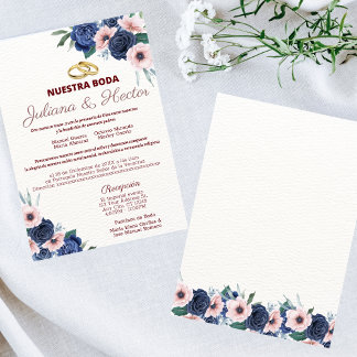 Navy Blue and Pink Floral Wedding Invitation