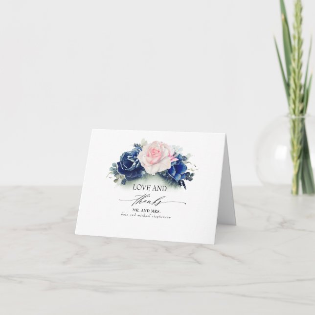 Navy Blue and Pink Floral Wedding Thank You (Front)