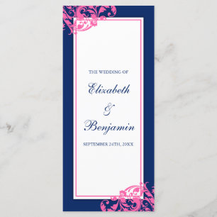 Navy Blue and Pink Flourish Swirls Wedding Program