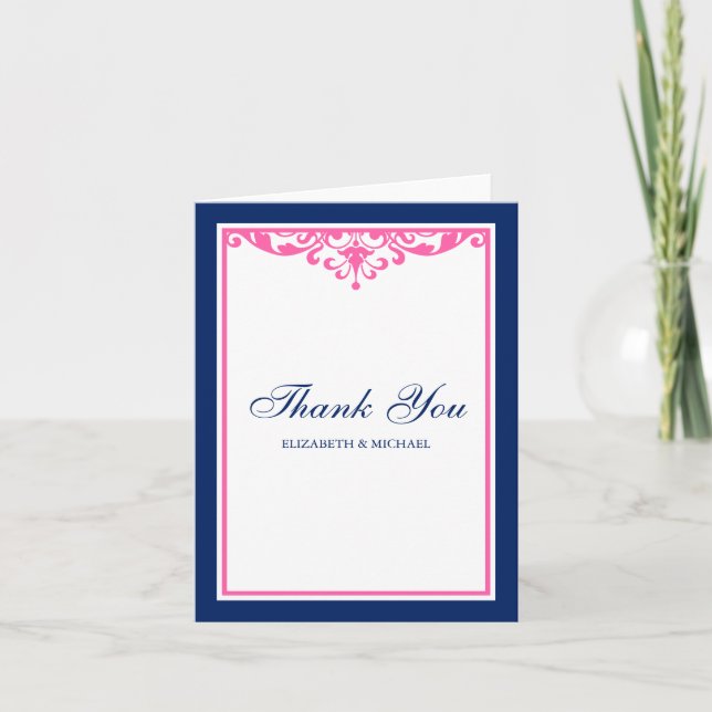 Navy Blue and Pink Flourish Wedding Thank You (Front)