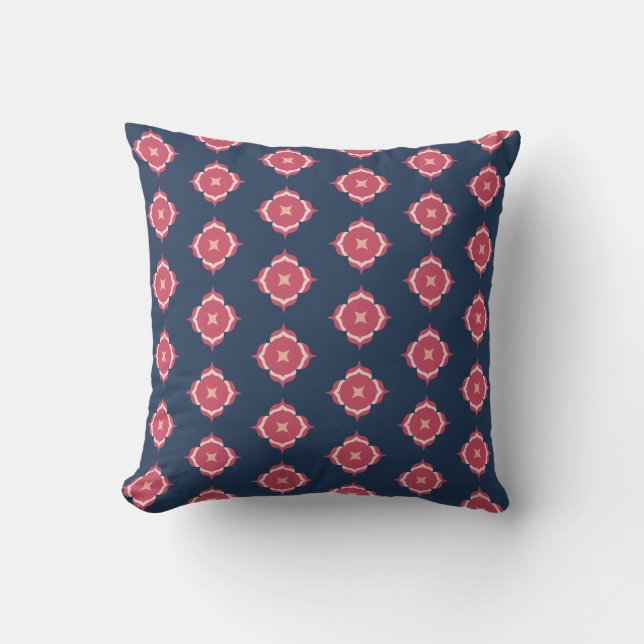 Navy Blue and Pink Flower Rosette Pattern Throw Pillow (Front)